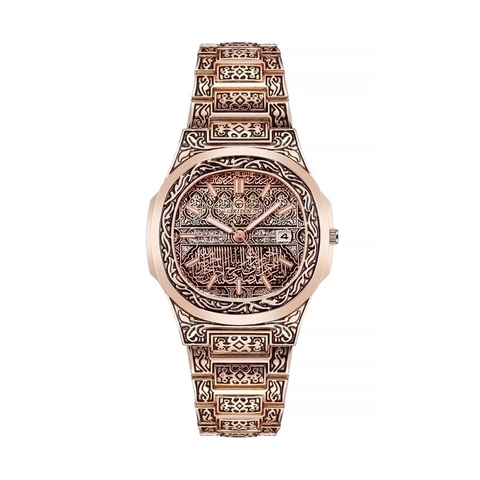 Herren Vintage Quarzuhr Mit Edelstahlband Gehäuse Legierung Arabische Kalligraphie Kalenderanzeige Mode Armbanduhr
