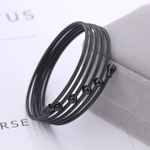 Pulsera De Cable Torsado De Varias Capas De Acero Inoxidable Para Mujer Moda Alambre Trenzado Brazalete Abierto Espiral Con Cuentas De Metal