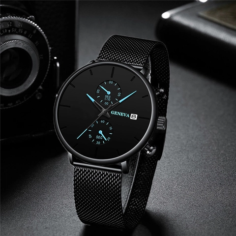 Geneva Men Quartz Watch Stainless Steel Mesh Strap Calendar Business Luxury Fashion Minimalist Analog Wrist Watch For Men