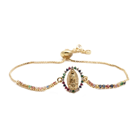 Pulsera Ajustable De Cobre Con Colgante De Virgen María Religiosa Y Circonitas De Colores Joyería De Moda Mujer