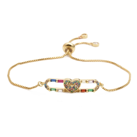 Copper Heart Bracelet Micro Pave Colorful Cubic Zirconia Adjustable Slider Jewelry For Women Valentine Gift