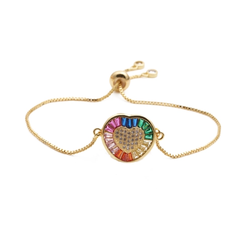 Bracelet Pendentif Cœur Cuivre Micro Pavé Zircon Arc-en-ciel Coloré Ajustable Chaîne Bolo Bijoux Cadeau Pour Femmes