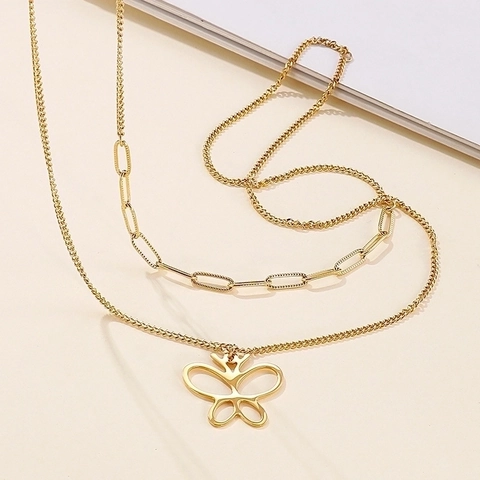 Collier Multi Couches Acier Inoxydable Pendentif Papillon Creux Chaîne Trombone Bijoux Esthétiques Minimalistes Femmes