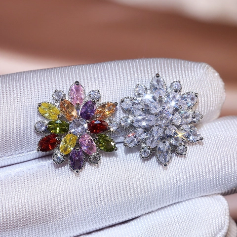 Luxury Flower Stud Earrings Copper Cubic Zirconia Double Layer Petals Sparkling Marquise Cut Jewelry Women