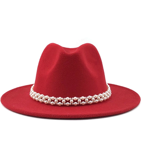 Women Elegant Cashmere Felt Fedora Hat British Style Wide Brim Jazz Cap With Pearl Band Vintage Church Party Sombrero
