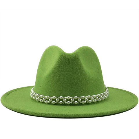 Women Elegant Cashmere Felt Fedora Hat British Style Wide Brim Jazz Cap With Pearl Band Vintage Church Party Sombrero