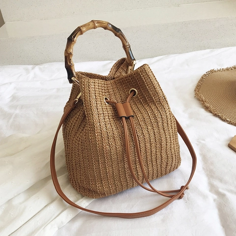 Women Retro Straw Woven Bucket Bag With Bamboo Handle PU Leather Drawstring Removable Adjustable Shoulder Strap