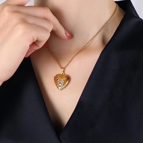 Collar Relicario Corazón Acero Inoxidable Chapado En Oro 18K Colgante Para Foto Joyería Vintage Para Mujer