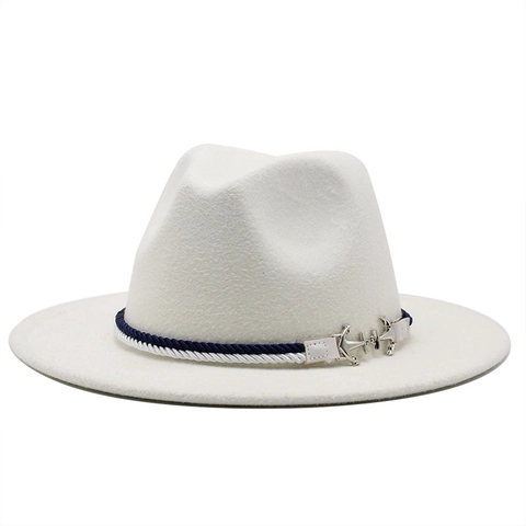 Vintage Woolen Felt Fedora Hat With Nautical Twisted Rope Band And Silver Metal Anchor Pendant For Men And Women