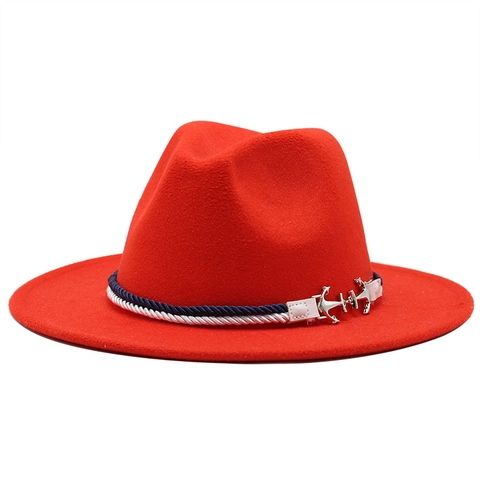 Vintage Woolen Felt Fedora Hat With Nautical Twisted Rope Band And Silver Metal Anchor Pendant For Men And Women