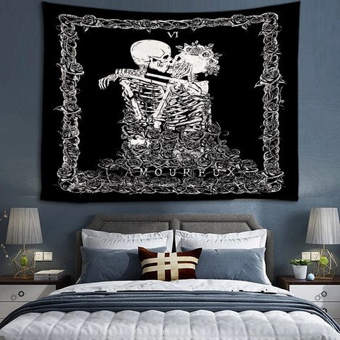Skull Lovers Tarot Tapestry Polyester Bohemian Sun Moon Astrological Wall Hanging Decor For Bedroom Dorm Home Living Room