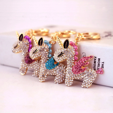 Creative Cartoon Rhinestone Unicorn Keychain For Women Bag Charm Gold Plated Zinc Alloy Animal Pendant Key Ring Gift