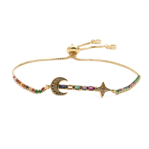 Moon Star Bracelet Copper Micro Pave Colorful Zirconia Adjustable Bohemian Fashion Jewelry