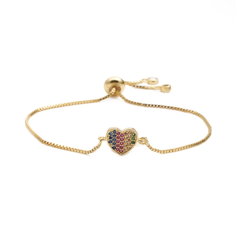 Pulsera Ajustable De Corazón Cobre Micro Pavé Circonia Colorida Arcoiris Joyería Cordón Deslizante Para Hombre Mujer
