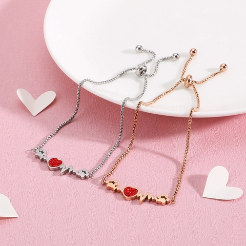Stainless Steel Heartbeat ECG Bracelet With Red Zirconia Heart And Paw Prints Adjustable Slider Jewelry Gift For Women