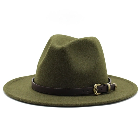 Vintage Wide Brim Fedora Hat Wool Felt Jazz Cap With PU Leather Belt Buckle For Men Women