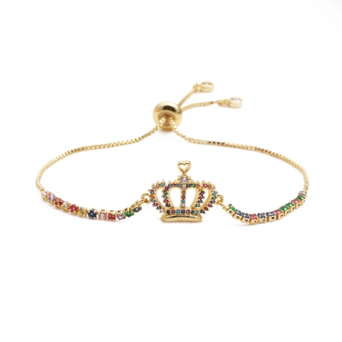 Adjustable Bracelet Copper Micro Pave Zircon Crown Design Sliding Buckle Jewelry For Men And Women Fashion Accessory Rainbow