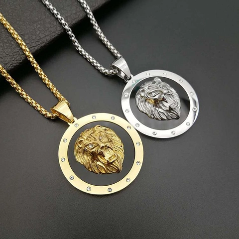 Ciondolo Medaglione Testa di Leone in Acciaio Inossidabile 316L con Strass per Uomo Donna Stile Hip Hop Oro Acciaio Senza Catena