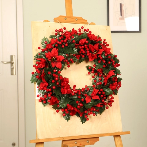 Artificial Christmas Wreath With Red Berries Poinsettia Flowers And Green Leaves For Holiday Home Door Decoration