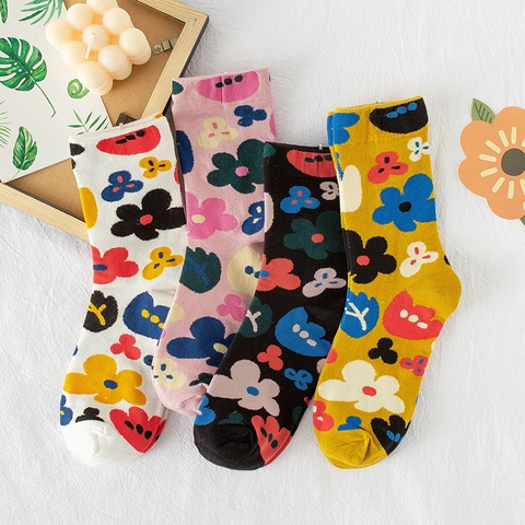 Damen Mittelhohe Socken Baumwolle Blumendruck Bunte Blumenmuster Atmungsaktiv Lässig Mode Weich