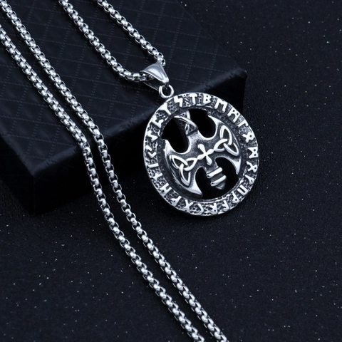 Viking Nordic Rune Axe Cross Pendant Necklace For Men Women Stainless Steel Box Chain Celtic Knot Retro Silver Jewelry