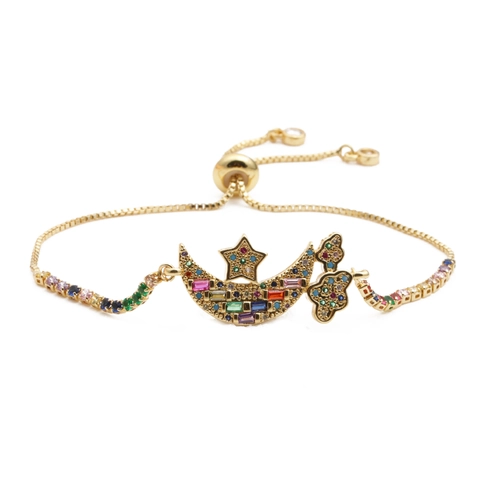Adjustable Copper Bracelet Micro Pave Colorful Zircon Moon Star Butterfly Charm Jewelry For Women And Men