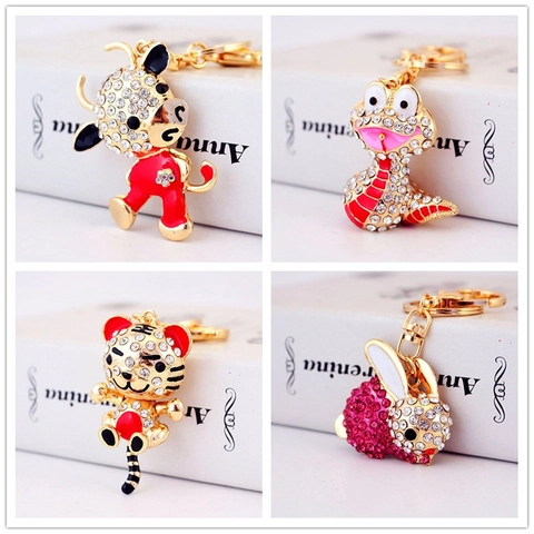 Chinese Zodiac Animal Keychain Rhinestone Sparkling Zinc Alloy Key Ring For Bag Charm Cute Cartoon Accessory