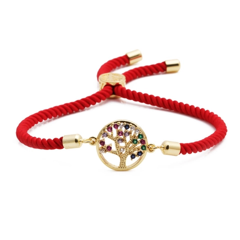 Handmade Copper Tree Of Life Bracelet Micro Paved Multicolor Zirconia Adjustable Chain Red Rope Bracelet Jewelry Gift Unisex