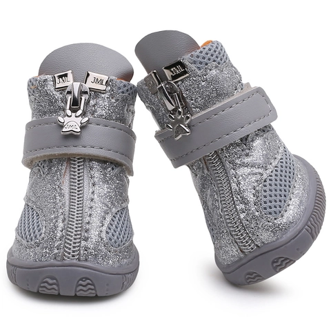 Shiny Glitter Dog Shoes Breathable Mesh Non-Slip Rubber Sole High Top Pet Boots With Zipper And Velcro For Small Dogs