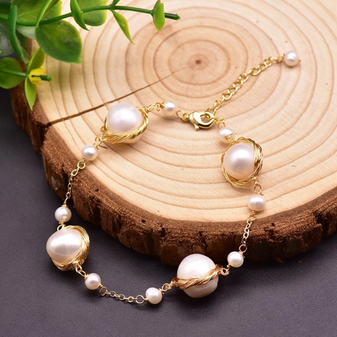GLSEEVO Handmade Natural Freshwater Pearl Wire-wrapped Bracelet Gold-Plated Copper Minimalist Jewelry For Women Wedding Gift