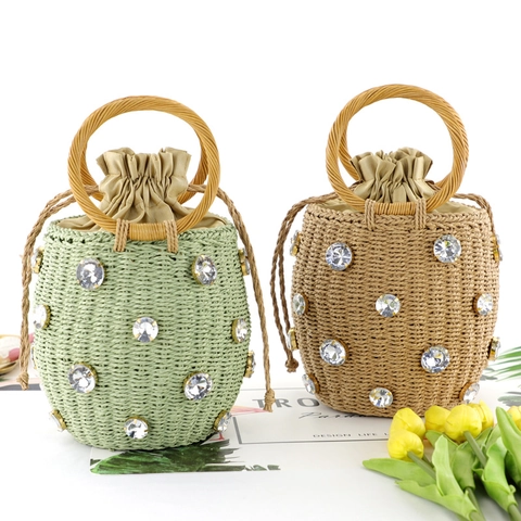 Dames Stro Emmer Handtas Met Strass Zomer Strand Vakantie Trekkoord Rond Handvat Retro Stijl