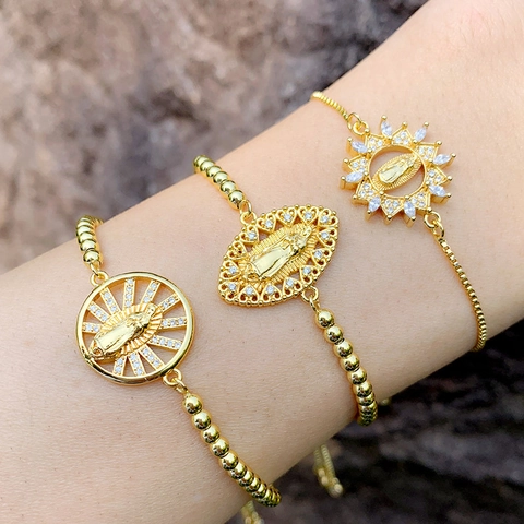 Virgin Mary Adjustable Bolo Bracelet Copper Gold Plated Cubic Zirconia Religious Jewelry For Women Our Lady Of Guadalupe