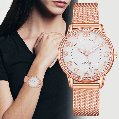 Reloj de Cuarzo para Mujer Moda Strass Luminoso Analógico Redondo Caja de Aleación Correa de Silicona Cierre de Acero