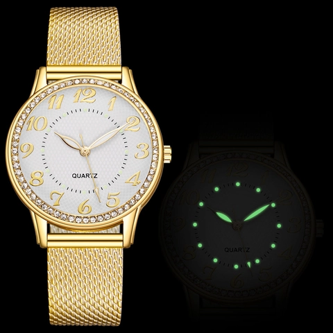 Reloj de Cuarzo para Mujer Moda Strass Luminoso Analógico Redondo Caja de Aleación Correa de Silicona Cierre de Acero