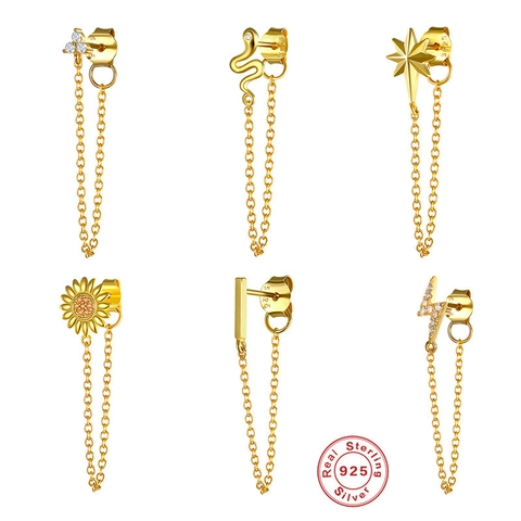 Single Tassel Chain Earring Minimalist 925 Sterling Silver With Zircon Lightning Snake Sunflower Star Jewelry For Women