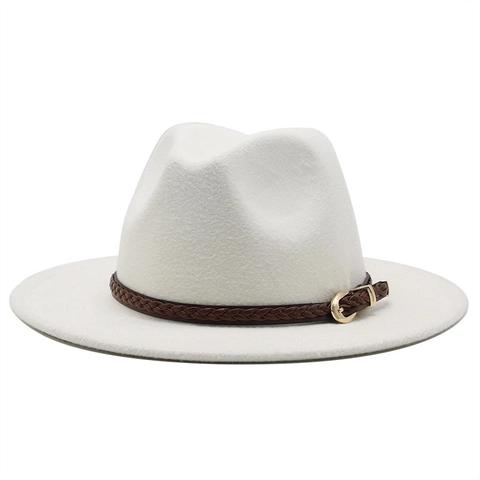 Wide Brim Fedora Hat Wool Felt Jazz Cap With Braided Leather Band Gold Buckle Retro Elegant For Men Women