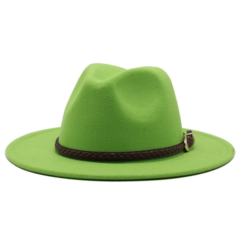 Wide Brim Fedora Hat Wool Felt Jazz Cap With Braided Leather Band Gold Buckle Retro Elegant For Men Women