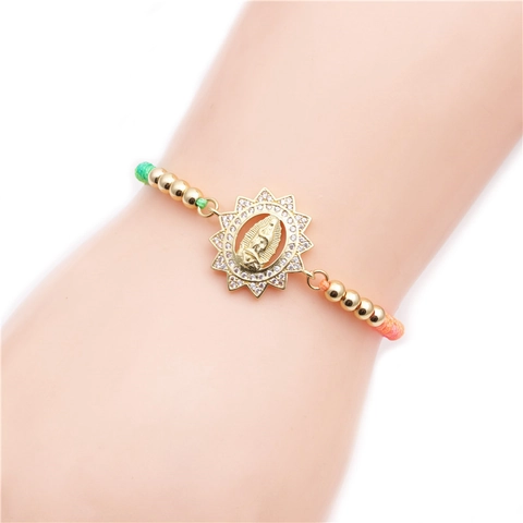 Virgin Mary Pendant Adjustable Bracelet Copper Micro Pave Zircon Religious Hand Woven Rope Women Jewelry Boho