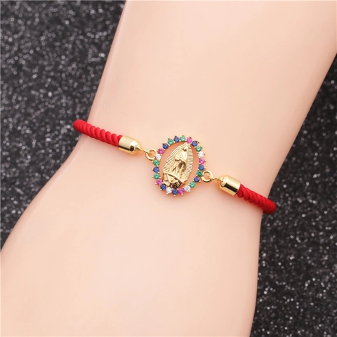 Bracciale Vergine Maria Guadalupe Rame Zircone Colorato Regolabile Corda Intrecciata Gioielli Religiosi