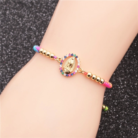 Bracciale Vergine Maria Guadalupe Rame Zircone Colorato Regolabile Corda Intrecciata Gioielli Religiosi
