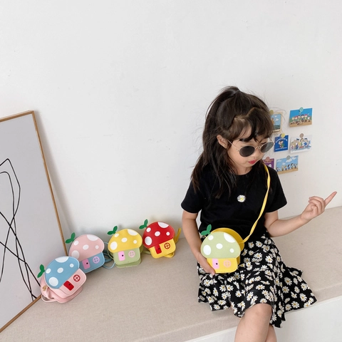 Mushroom House Kids Crossbody Bag PU Leather Polka Dot Zipper Shoulder Bag For Girls Toddlers