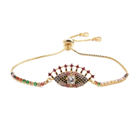 Evil Eye Armband Vergoldetes Kupfer Bunte Zirkonia Verstellbare Schiebeverschluss Mode Boho Schmuck Für Damen