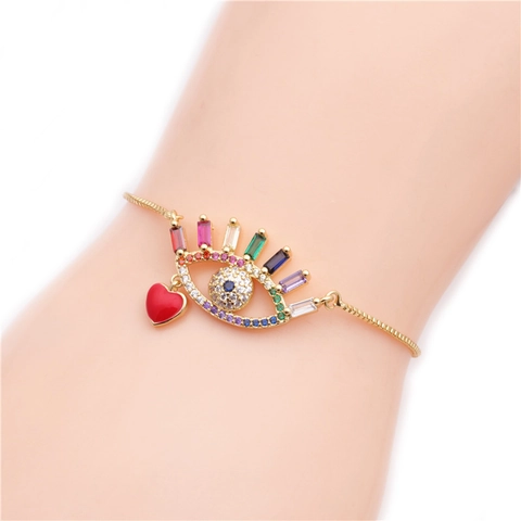 Evil Eye Heart Bracelet Copper Colorful Micro Pave Zircon Adjustable Gold Plated Fashion Jewelry For Women Men