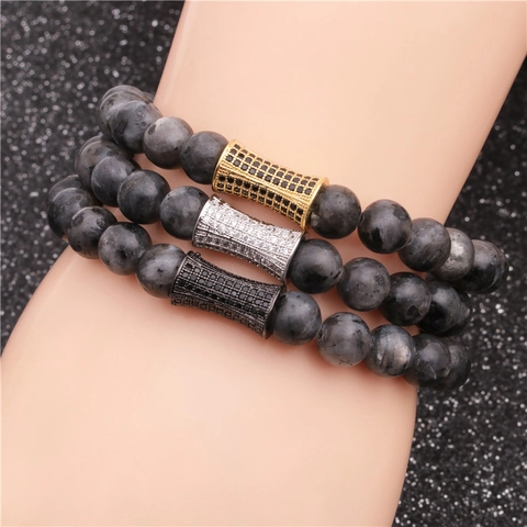 Pulsera De Cuentas De Piedra Labradorita Natural Con Dije Cilíndrico De Cobre Micro Pavé Zircón Joyería Elástica De Tendencia