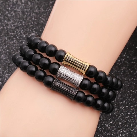 Pulsera De Cuentas Piedra Negra Mate Cobre Micro Pavé Zirconia Dije De Corona Joyería Lujo Moda Tendencia Para Hombres Mujeres