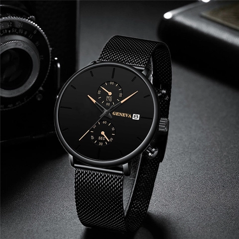 Geneva Men Quartz Watch Stainless Steel Mesh Strap Calendar Business Luxury Fashion Minimalist Analog Wrist Watch For Men