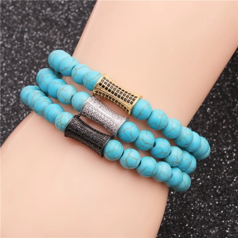 Pulsera De Cuentas De Piedra Natural Turquesa Con Tubo De Cobre Micro Pavé De Circón Joyería De Moda Para Hombres Mujeres