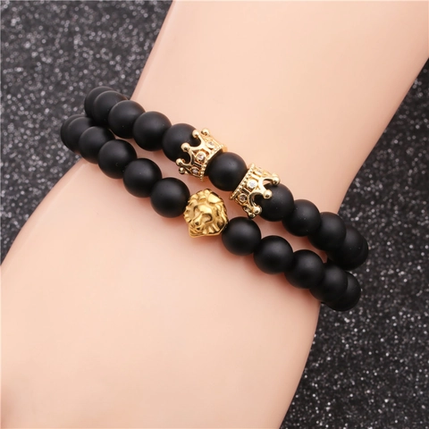 Matte Stone Beaded Bracelet With Copper Lion Head And Zircon Crown Charm Fashion Jewelry For Men And Women