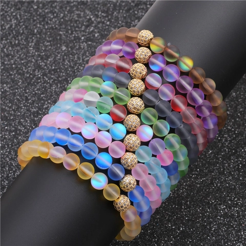 Frosted Beaded Bracelet Moonstone Style Matte Glass Beads With Micro Pave Zircon Copper Ball Fashion Jewelry