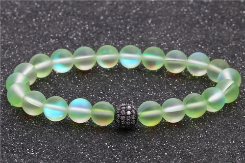 Bracelet de Perles en Pierre de Lune Avec Boule en Strass Zircone Élastique Irisé Givré Bijoux Décontractés Femme Homme